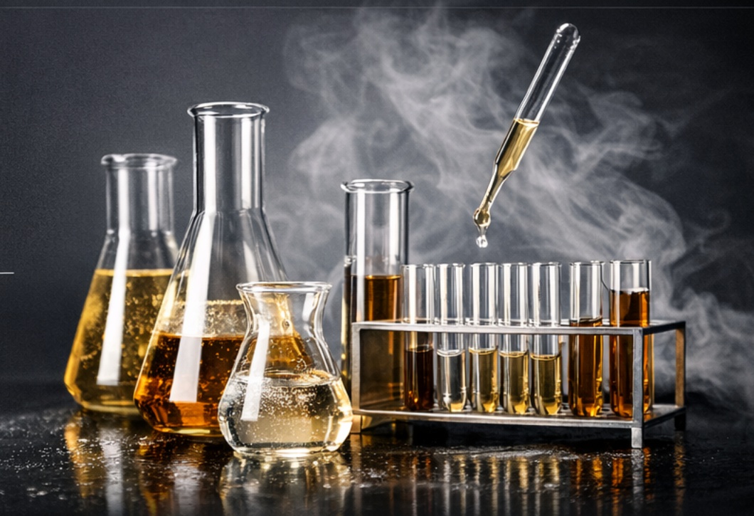 Лабораторная композиция с колбами и золотой жидкостью